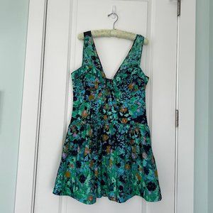 Anthropologie multi colored green navy and gold mini dress
